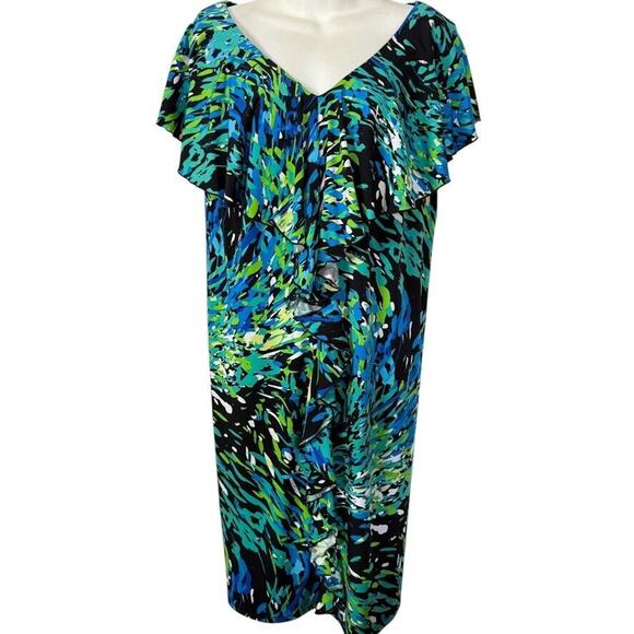 Dressbarn Barn Womens Green Blue Ruffle Flutter Sleeve Jersey Knit Dress sz 18 - Picture 1 of 16